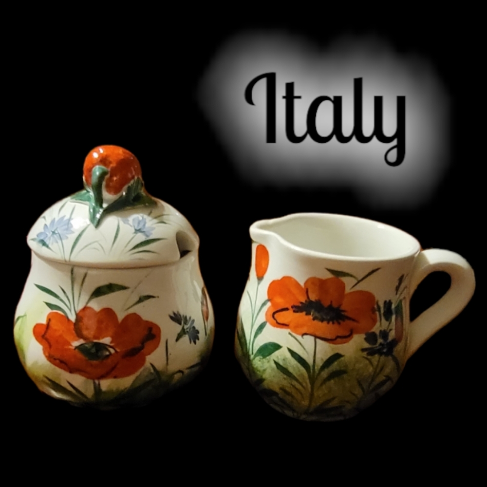 Vtg Creamer & Sugar Bowl Made In Italy Hand Painted Poppy Flowers Ceramic